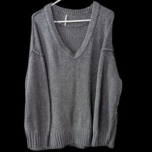 🩶 free people women's S grey chunky sweater, V-neck oversized grunge lounge